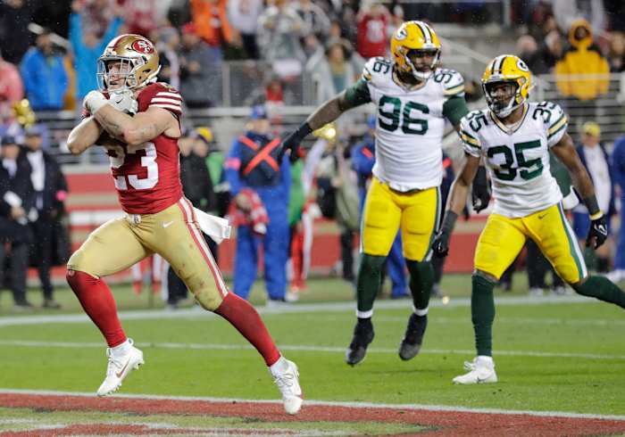 Jan 20, 2024; Santa Clara, CA, USA; San Francisco 49ers running back Christian McCaffrey (23) crosses the goal line for the decisive touchdown late in the fourth quarter against the Green Bay Packers in a 2024 NFC divisional round game at Levi's Stadium. Mandatory Credit: Dan Powers-USA TODAY Sports